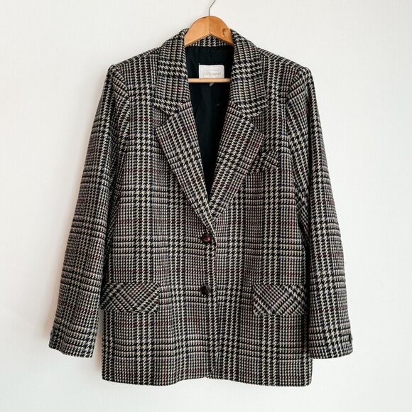 Vintage Yves Venet Houndstooth Plaid Classic Wool Blazer L - Picture 2 of 9